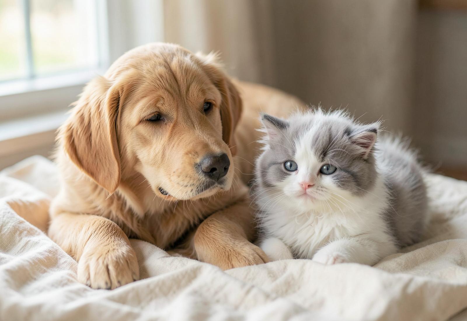 A golden retriever puppy and a ragdoll kitten resting together on a cream blanket